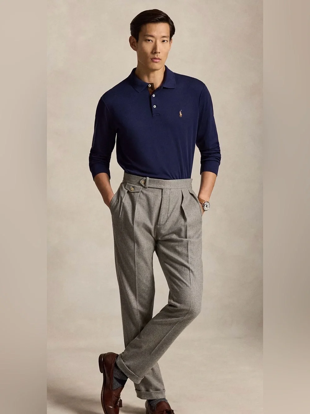 NWT Polo Ralph Lauren NAVY BLUE Soft Cotton Long Sleeve Collared Polo Shirt